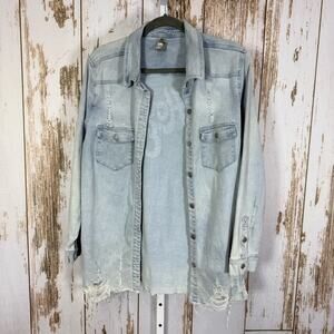 Gameday Couture, Stylish Light Blue Distressed Jean Jacket Hook Em. Size Medium